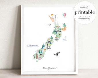 New Zealand Illustrated Map Printable, wall art print, nursery decor, landmarks, kids room, travel print, drawing, animal map, country map