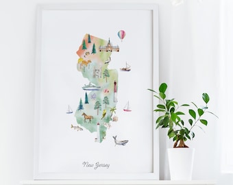 Impresión del mapa de Nueva Jersey: Arte estatal en acuarela, decoración infantil