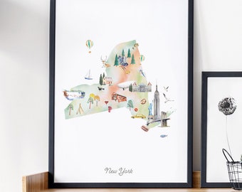 New York Illustrated State Map, New York wall art print, nursery decor, nursery wall art, state map poster, USA travel map, kids room