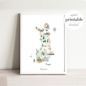 Finnland illustrierte Karte zum Ausdrucken | Reise-Dekor-Wand-Kunst-Druck | Kinderzimmer Karte Drucken | Finnland Landkarte | Reise Kunstdruck | Karte Print
