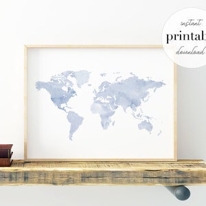 Blue World Map Printable, illustration, wall art print, nursery decor, kids room, travel print, travel art, globe, wall map, world map