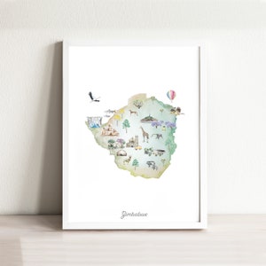 Simbabwe Map Art Print Illustriert, Kinderzimmer Dekor, Landkarte Poster für Kinderzimmer, Kinderzimmer Kunst, Reisekarte, Fernweh, Kartenmaterial