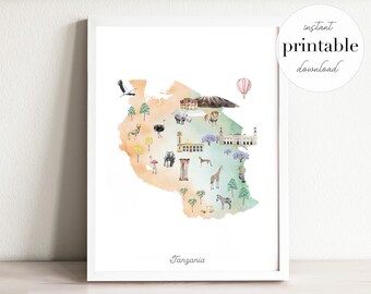 Tanzania Map Print: Watercolor Landmarks, Animals (Digital Download)