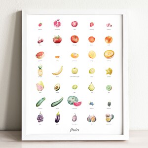 Lámina artística de frutas en acuarela: Decoración de pared para cocina bilingüe