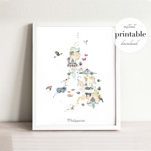 Mappa illustrata delle Filippine stampabile/Stampa artistica da parete con decorazione da viaggio/Stampa della mappa della camera dei bambini/Mappa del paese delle Filippine/Stampa artistica da viaggio