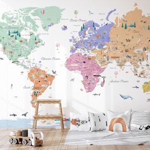 Mapa del mundo educativo en colores pastel para pared / Decoración divertida para guardería / Mapa de viaje para niños / Mapa del mundo para niños / Mapa de papel tapiz / Adhesivo de pared caprichoso