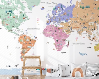 Pastelkleurige muursticker wereldkaart, kinderkamerdecoratie
