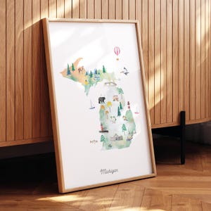 Mapa ilustrado del estado de Michigan, impresión de arte de pared, decoración de guardería, arte de pared de guardería, póster de mapa del estado, mapa de viaje de EE. UU., habitación de niños, decoración de viaje