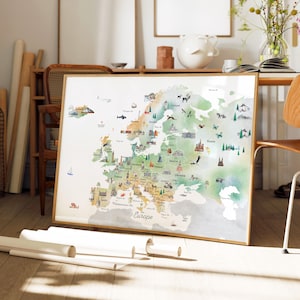 Illustrierte Europa Karte, Kunst Druck, Wand Kunst, Kinderzimmer Dekoration, Kinderzimmer Dekor, Zeichnung, Tier Karte, Landkarte, Landkarte