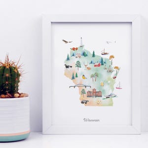 Wisconsin Illustrierte State Map, Kunstdruck, Kinderzimmer, Poster, USA-Reisekarte, Kinderzimmer, Wandbild, Poster