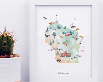 Wisconsin Map Print: Illustrated Watercolor State Map, Nursery Decor