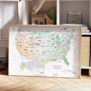 Carte éducative des États-Unis imprimable | Carte des Etats-Unis | Décoration de chambre d'enfants | impression de voyage, dessin, art de la carte, carte murale, carte des Etats-Unis, états, Amérique