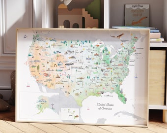 Impresión artística del mapa de EE. UU.: acuarela de Estados Unidos, decoración para habitación infantil (descarga digital)