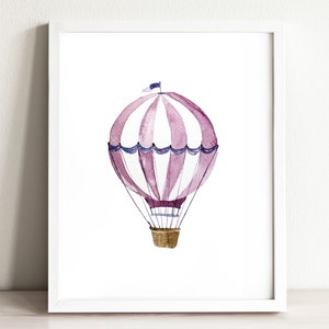 Lila Heißluftballon Art Print, Aquarell Illustration, Wand Kunstdruck, Kinderzimmer, Reisedruck, niedlicher Druck, Babyzimmer