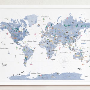 Blue Educational World Map | Kids Wall Art, nursery decor, wedding gift, world map poster, kids world map, travel map, watercolor, learn