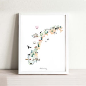 Carte de la Norvège, impression d'art | Carte du pays illustrée à l'aquarelle | Décoration scandinave | Carte de voyage pour décoration de chambre d'enfant | Carte Wanderlust Impression artistique