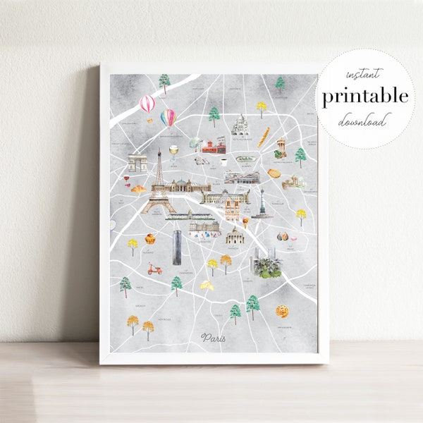 Paris City Map Printable | City Map Wall Art Print | Kids Room Decor | Home Decor Travel Art Print | Paris Watercolor Map | France Travel