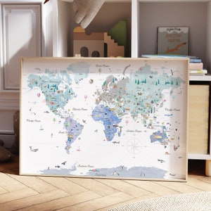Coole Töne Lerndruckbare Weltkarte | Homeschooling Weltkarte | Kinderzimmer Weltkarte | Politische Weltkarte | Kunstdruck für das Kinderzimmer