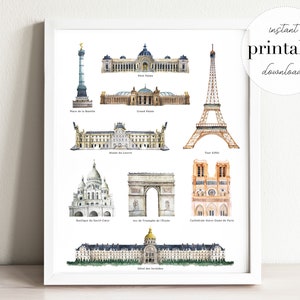 Paris Landmarks Watercolor Art Print: Travel Nursery Decor (Digital Download)