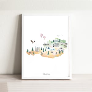 Österreich illustrierte Karte Kunstdruck | Österreich Reise Dekor Poster | Poster Kinderzimmer Karte | Fernweh Reise Dekor Kunstdruck | Landkarte