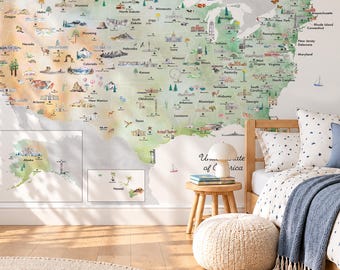 Earth Illustrated Reference United States Map with States, Landmarks, Animals | USA Map Wall Decal | Reference Series