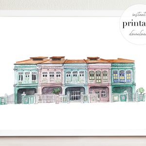 Singapore Koon Seng Road Drawing Printable | Travel Wall Art Print | Singapore Travel Art | Asia Travel Decor | Watercolor Drawing Singapore