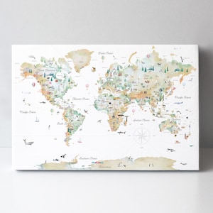 Farbverlauf Lernmittel Weltkarte | Reise Wand Kunst | Kinder Weltkarte | Aquarell Weltkarte | Die Welt der Tiere | Topographisch