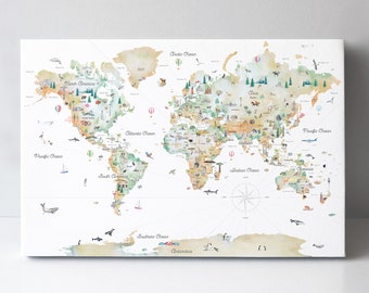 Carte du monde éducative en dégradé de toile | Art mural de voyage | Carte du monde pour enfants | Carte du monde aquarelle | Carte du monde animal | Topographique