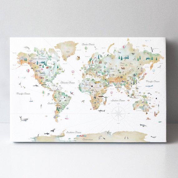 Educational World Map Canvas with Countries, Borders, and Landmarks | Gradient Natural | Kids Wall Art