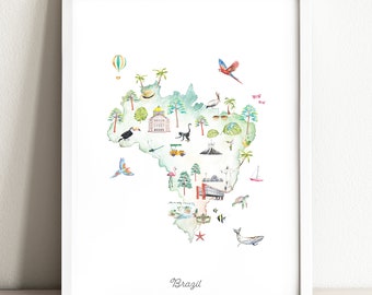 Carte du Brésil Art Print Illustrated, décor à la maison, affiche de voyage, art de la pépinière, carte de voyage, carte impression wanderlust, art de voyage, décor de pépinière, boho