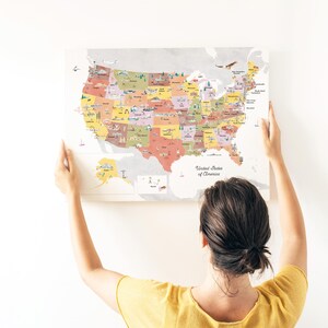 Canvas aardetinten geïllustreerde kaart Verenigde Staten | kunst aan de muur, reizen, wereldkaart voor kinderen, kinderkamerinrichting, wereldkaart, aquarelkaart, thuisonderwijs