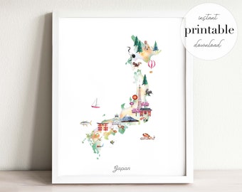 Japan Illustrated Map Printable, wall art print, nursery decor, landmark, kids room, travel print, drawing, country map, japan map, tokyo