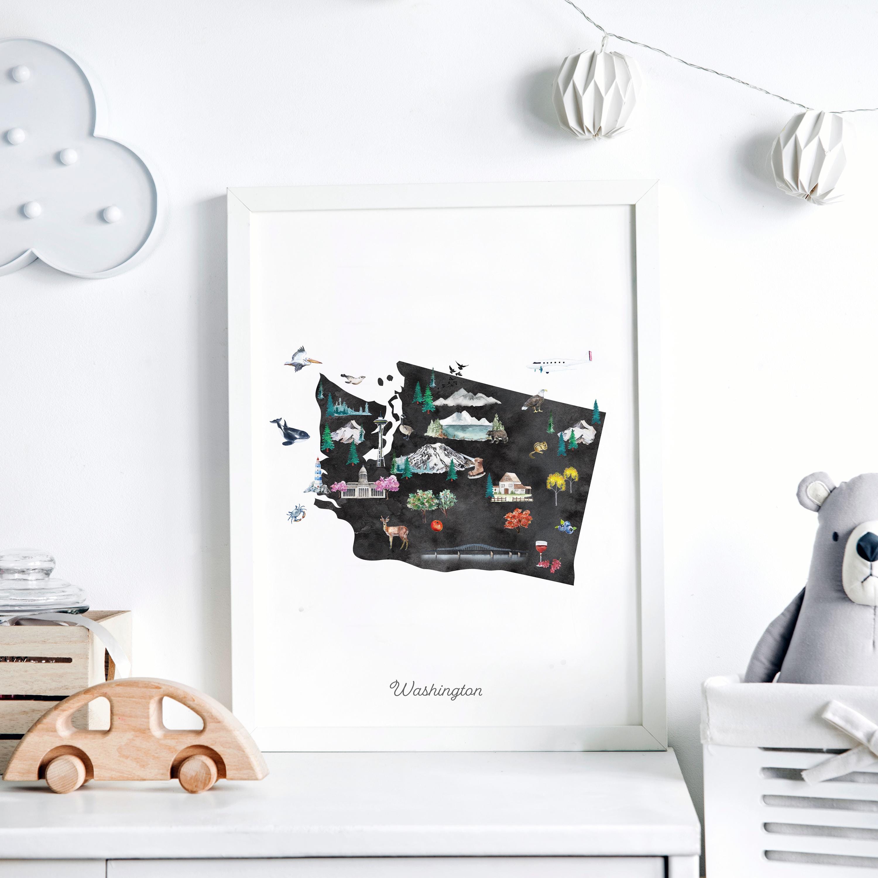 Washington State Map Art Print: Illustrated Watercolor Nursery Decor - Etsy