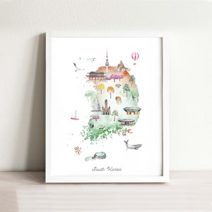 Süd Korea Illustrierte Karte Art Print, Aquarell Kinderzimmer Dekor, Landkarte Poster, Kinderzimmer Kunst, Reise Karte, Landkarte drucken Fernweh, Wahrzeichen