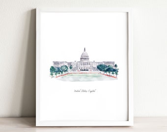 USA Capitol Building Art Print, ilustración, impresión de arte de pared, Estados Unidos, punto de referencia, acuarela, decoración del hogar, viaje, impresión de viaje, dibujo