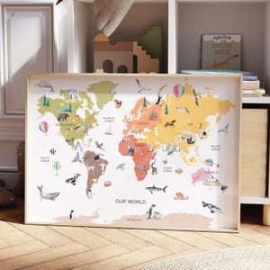 Carte du monde de chambre d'enfant dans des tons naturels | Décoration murale bohème pour enfants | Carte du monde des enfants | Impression de voyage pour chambre d'enfant | Décoration d'intérieur, carte du monde