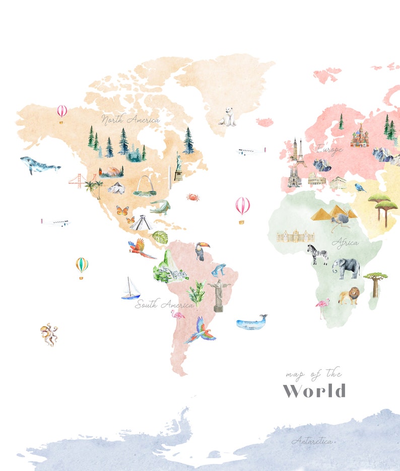 Illustrated Multicolor World Map Printable Nursery Decor Etsy