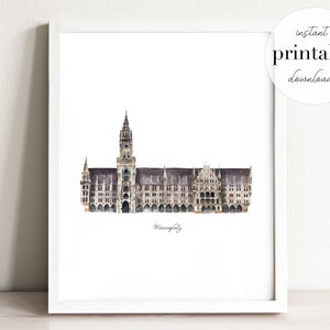 Munich Marienplatz Watercolor Print: Germany Travel Decor (Digital Download)