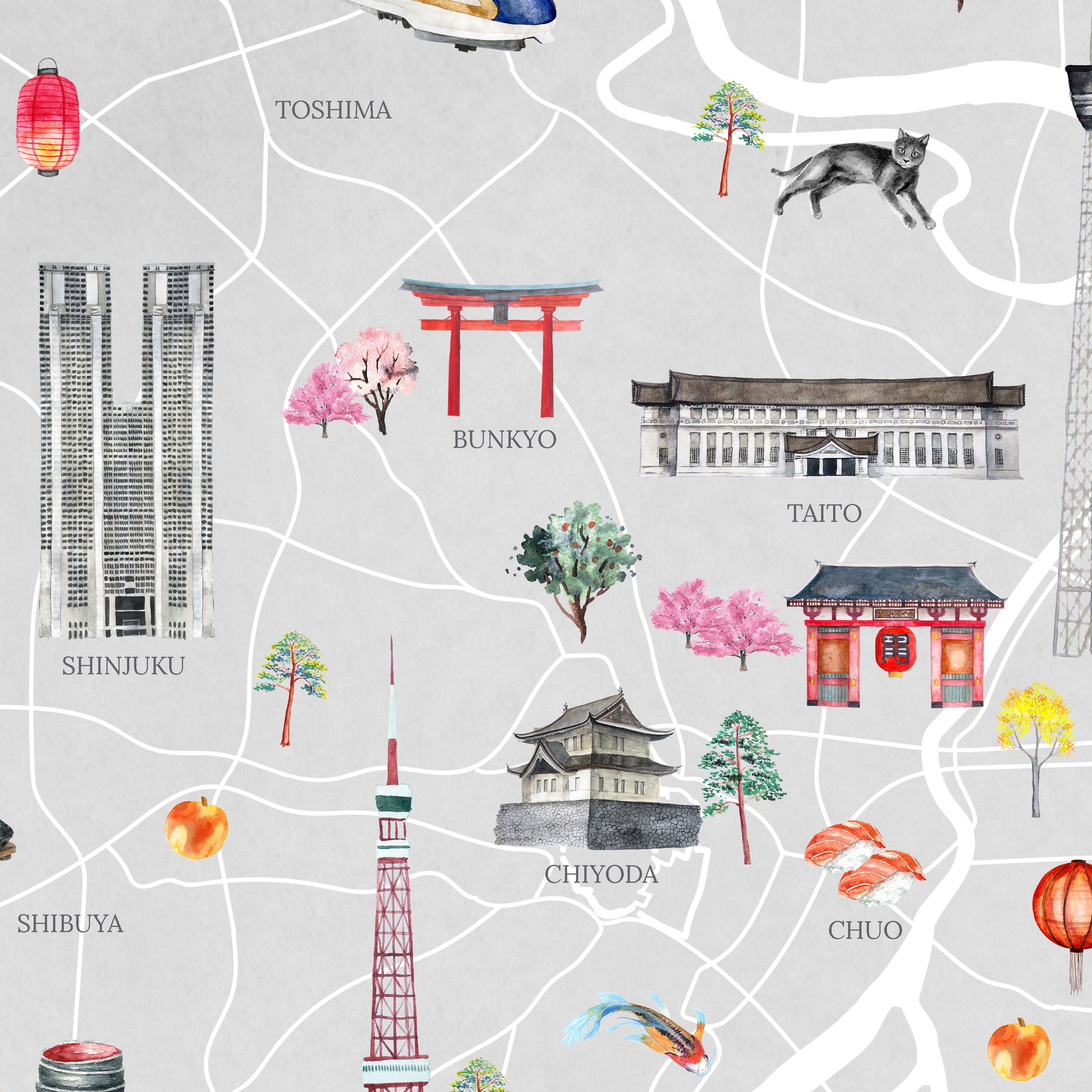 tokyo-city-map-art-print-arte-murale-ad-acquerello-etsy
