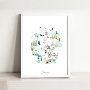 Deutschland Karte Kunstdruck illustriert, Aquarell Karte fürs Kinderzimmer, Landkarte für Kinderzimmer, Fernweh, Karte fürs Kinderzimmer