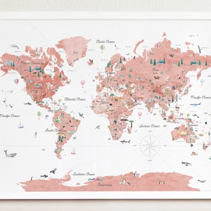 Pink Educational World Map | World Map | Kids Wall Art | Nursery Decor Print | Wedding Gift | Kids Travel World Map | Political World Map