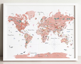 Pink Educational World Map | World Map | Kids Wall Art | Nursery Decor Print | Wedding Gift | Kids Travel World Map | Political World Map