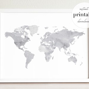 Grey World Map Printable, Illustration, Wall Art Print, Nursery Decor ...