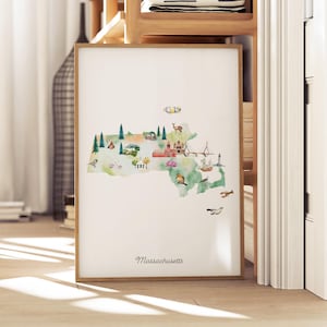 Mapa ilustrado del estado de Massachusetts, impresión de arte de pared, decoración de guardería, arte de pared de guardería, póster de mapa del estado, mapa de viaje de EE. UU., habitación de niños, Boston