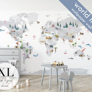 Large Wallpaper World Map | Wall Decal, nursery decor, nursery art, world map, kids world map, travel map, poster map, wall decal, world map