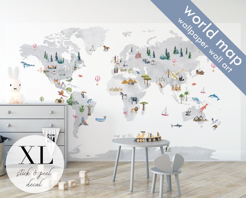 Large Wallpaper World Map Wall Decal nursery decor nursery Etsy