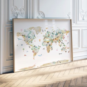 Illustrierte Weltkarte | Kinderzimmer Weltkarte | Personalisierte Kinderzimmer Dekor | Niedliches Weltkarten Poster | Kinder Weltkarte | Aquarell Weltkarte