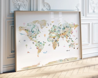 Illustrated World Map | Kids Room World Map | Personalized Nursery Decor | Cute World Map Poster | Kids World Map | Watercolor World Map