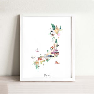 Japan Karte Art Print Illustrated, Wanddeko, Kinderzimmer Karte, Weltkarte Poster, Kinderzimmer Kunst, Reise Karte, Aquarell, Landkarte Druck, Kinderzimmer