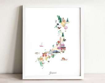 Japon Map Art Print Illustrated, décoration murale, décoration de chambre d’enfant, affiche de carte du monde, art de chambre d’enfant, carte de voyage, aquarelle, impression de carte, chambre d’enfants